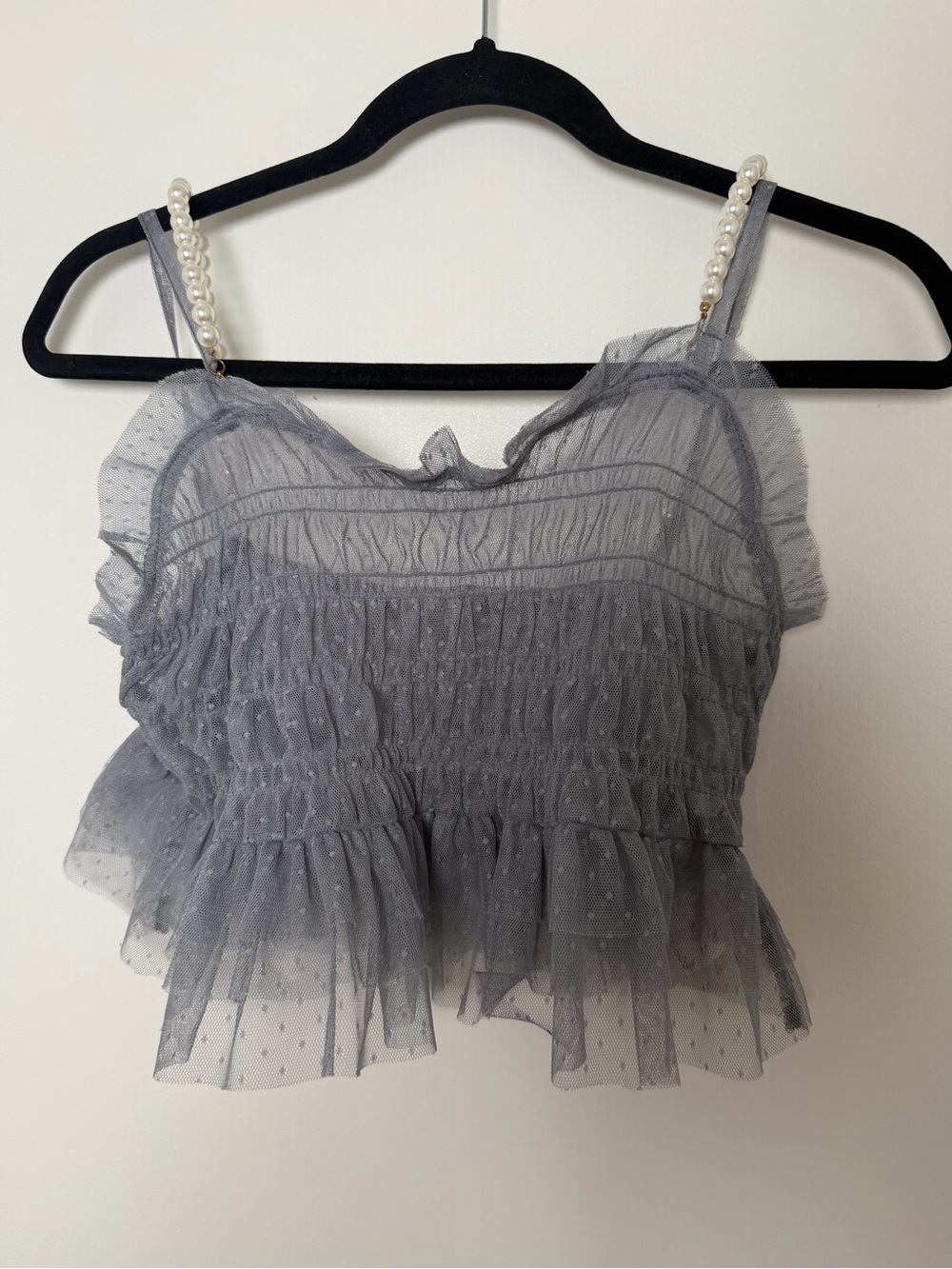 EVELYN Sheer Grey Tulle Crop Top with Pearl Straps